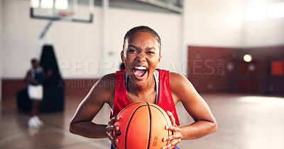 Buy stock photo Portrait, shout and woman with basketball for sports, workout challenge or competition. African player, scream or person with ball at court for fitness, energy or determined athlete with motivation
