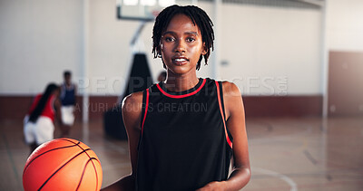 Buy stock photo Portrait, athlete or black woman with basketball for sports, fitness, and confidence at gym for competition. Girl, court or player in practice with hobby for contest, workout challenge and exercise