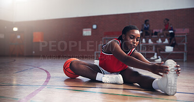 Buy stock photo Basketball player, woman and stretching with exercise at gym, ready and fitness for league playoffs. Person, workout and start warm up with gear for contest, competition and legs on court with sports