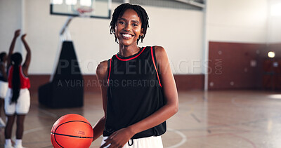 Buy stock photo Portrait, athlete or happy black woman with basketball for sports, fitness, and confidence at gym. Girl, court or player in practice with hobby or smile for contest, workout challenge and exercise