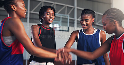 Buy stock photo Happy women, meeting and basketball team with hands together for game, match or competition on court. Female people, huddle or players piling with smile or stack for unity, coordination or motivation