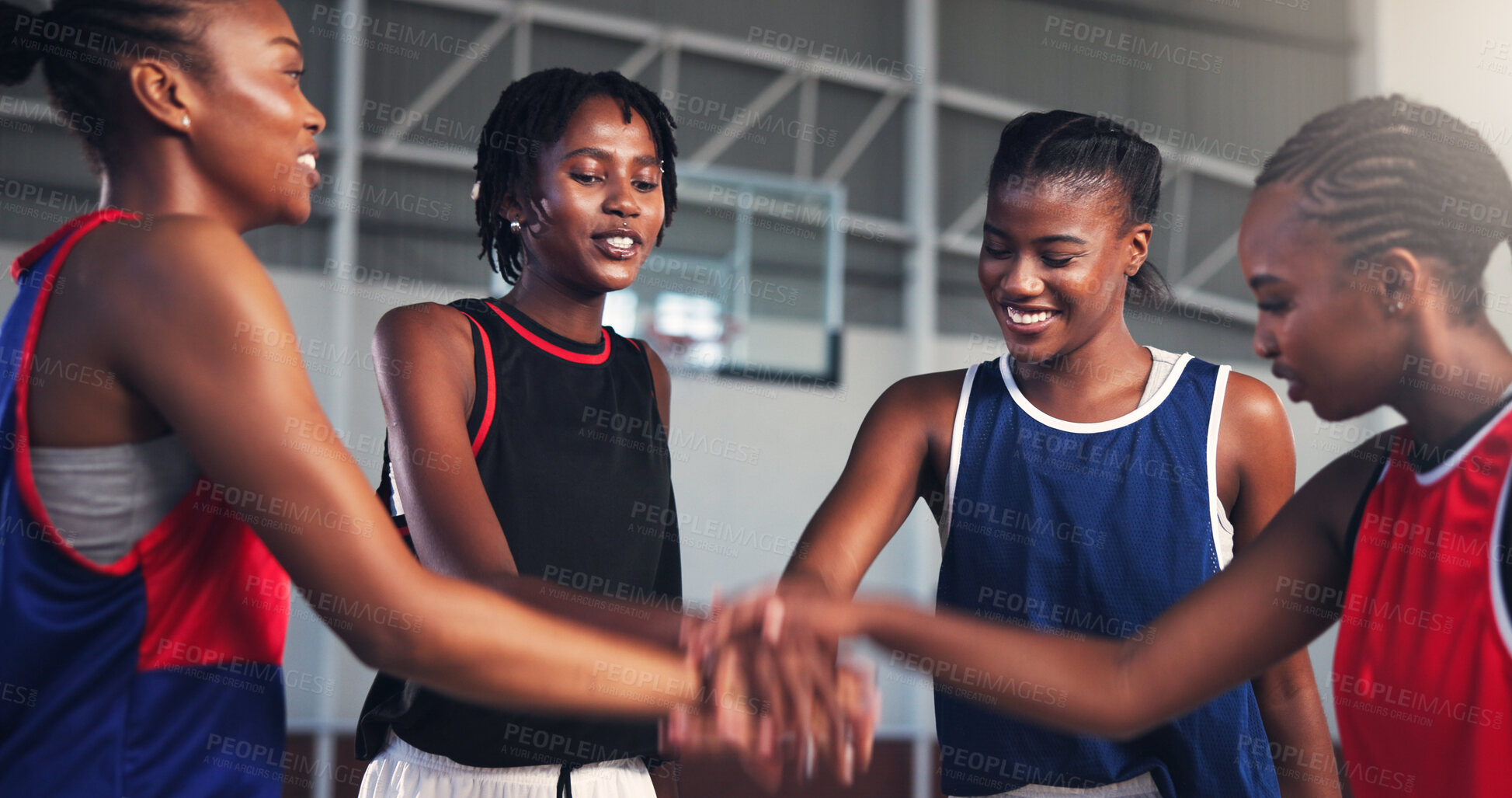 Buy stock photo Happy women, meeting and basketball team with hands together for game, match or competition on court. Female people, huddle or players piling with smile or stack for unity, coordination or motivation