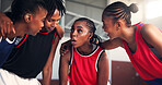 Women, basketball and team with huddle for game plan, strategy or collaboration on court. Group, meeting or female people with ideas or unity for sports competition, challenge or match together