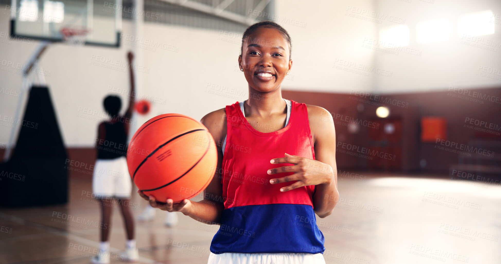 Buy stock photo Girl, basketball court and happy in portrait at gym for fitness, confident and ready with training for competition. Woman, start and smile with pride for contest, workout and exercise at sports club