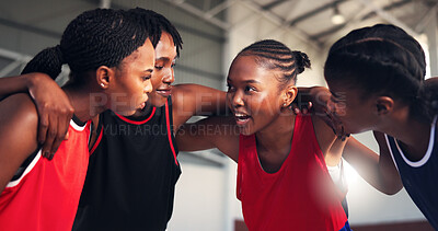 Buy stock photo Happy women, basketball and team with huddle for match, game plan or motivation on court. Group, meeting or female people with hug in unity for sports competition, challenge or mission together