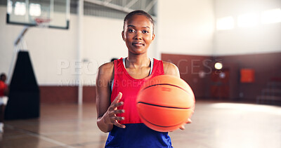Buy stock photo Woman, basketball court and sports in portrait at gym for game, confident and ready with training for competition. Girl, start and pride with gear for contest, workout and exercise at fitness club