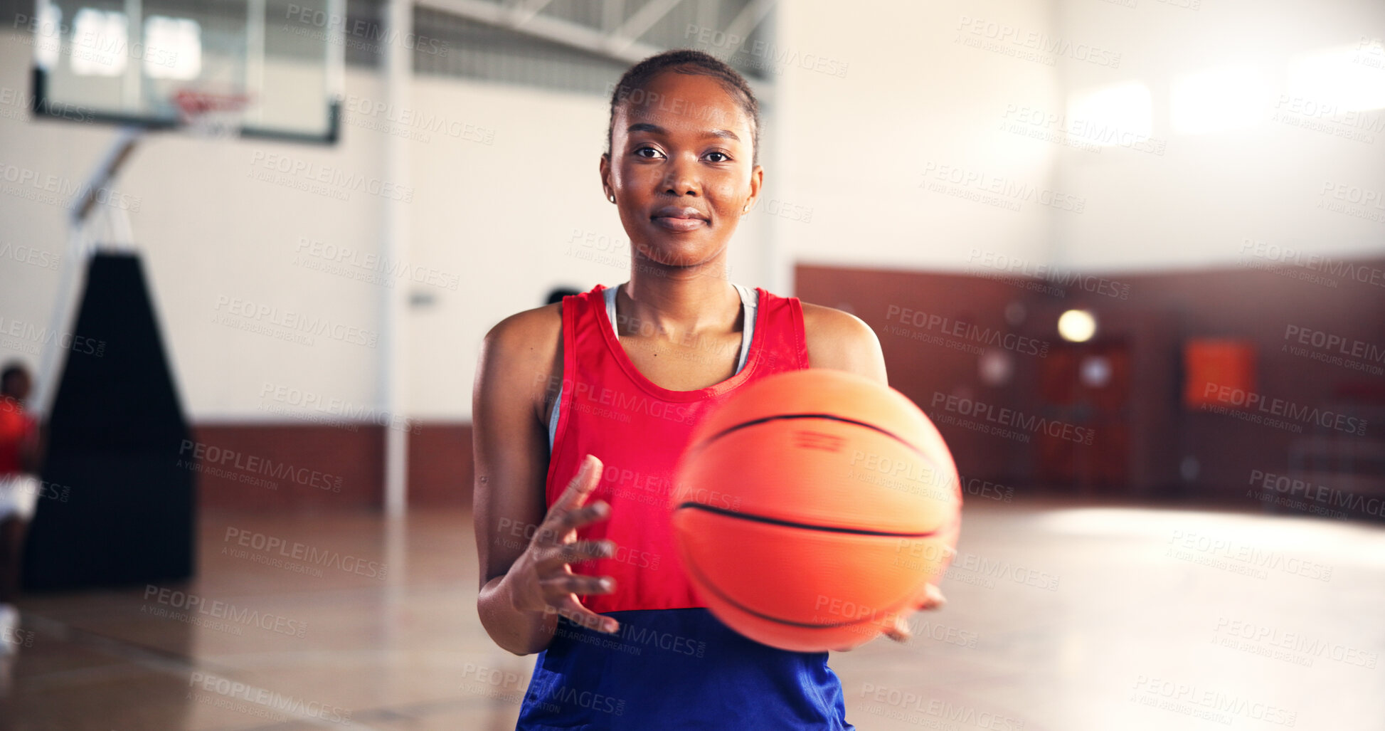Buy stock photo Woman, basketball court and sports in portrait at gym for game, confident and ready with training for competition. Girl, start and pride with gear for contest, workout and exercise at fitness club