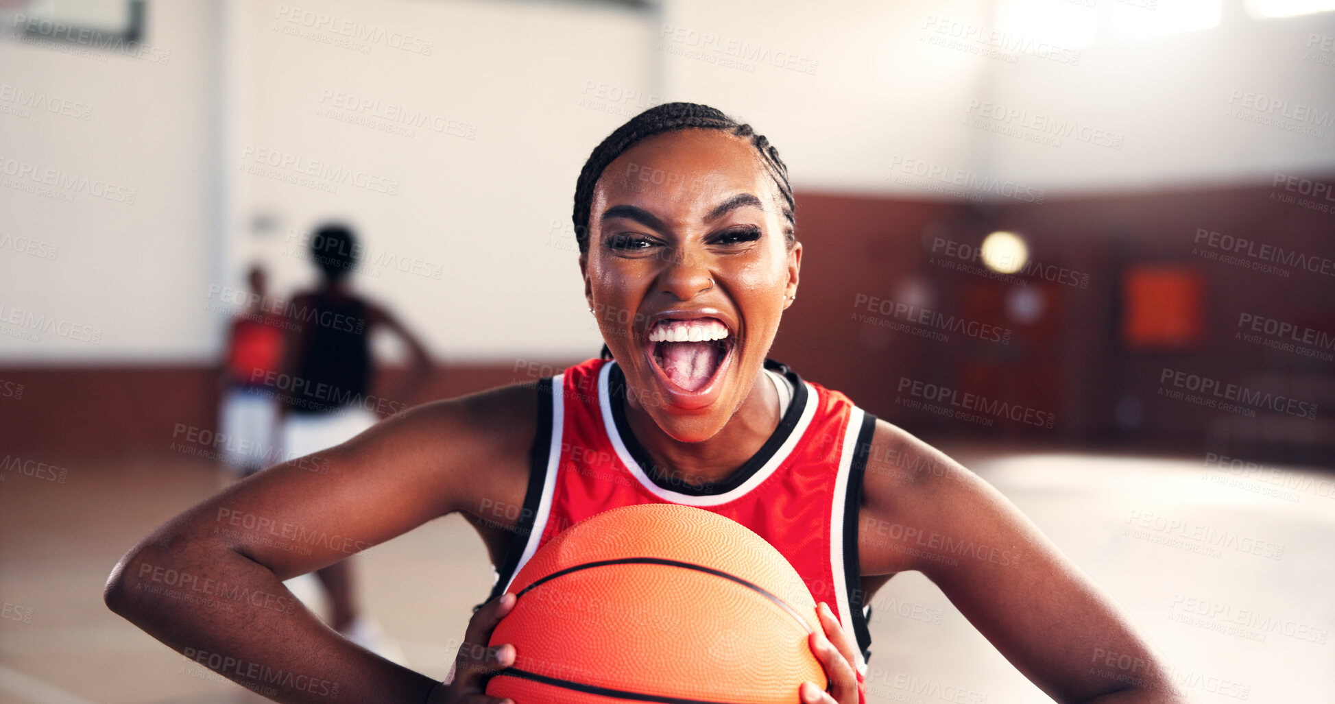 Buy stock photo Basketball, athlete or happy woman screaming for victory, sports fitness or confidence in portrait or competition. Girl, excited and African player with smile for contest, workout and exercise at gym