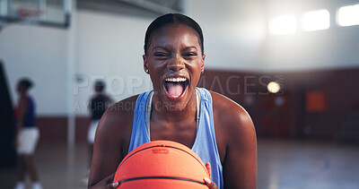 Buy stock photo Basketball, athlete or happy woman screaming for sports, fitness, and confidence with portrait or competition. Girl, excited and African player with pride for contest, workout and exercise at gym