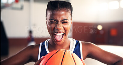 Buy stock photo Basketball, athlete or black woman shouting for sports, fitness, and confidence with pride or competition. Girl, excited and African player screaming for contest, workout and exercise at indoor gym