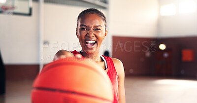 Buy stock photo Portrait, scream and woman with basketball for sports, workout or challenge for competition. African player, shout or person with ball in gym for fitness, energy or determined athlete with motivation