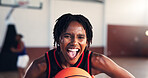 Win, woman and basketball player celebrate sports achievement, challenge and competition. African athlete, scream and person with ball at court for energy, success and victory portrait of champion