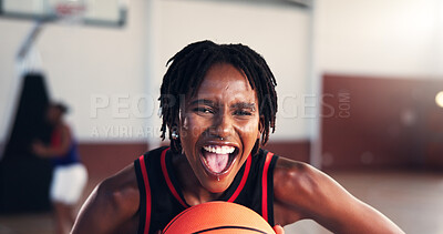 Buy stock photo Win, woman and basketball player celebrate sports achievement, challenge and competition. African athlete, scream and person with ball at court for energy, success and victory portrait of champion