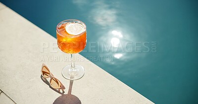 Buy stock photo Cocktail, lemon and swimming pool with sunglasses and alcohol for summer holiday or vacation. Travel, resort and drink by water for outdoor luxury, hotel hospitality and break to relax by space