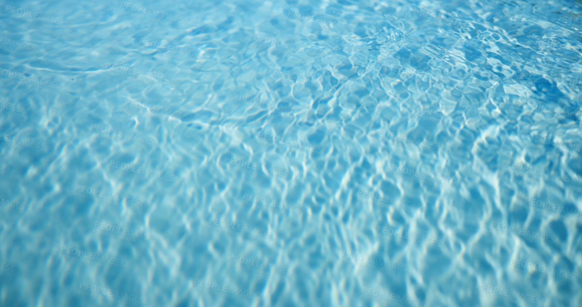 Buy stock photo Blue, water and ripple with waves in pool for natural element, aqua hydration or swimming area. Empty, space and pattern with liquid texture, reflection or abstract light for summer holiday or travel