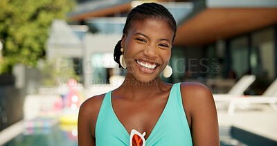 Buy stock photo Hotel, travel and portrait of black woman at pool party for spring break, vacation and smile. Happiness, relax and holiday trip with person at villa resort for hospitality, festival and luxury