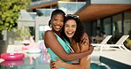 Smile, hug and portrait of friends at pool party for spring break, travel vacation and bonding. Happiness, relax and holiday trip with women at villa resort for hospitality, festival and luxury