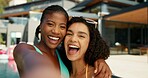 Friends, hug and selfie with women at pool party for spring break, travel vacation and memory. Happiness, photography and holiday trip with people at villa resort for social media, festival or luxury