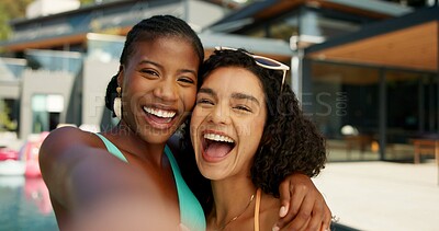Buy stock photo Friends, hug and selfie with women at pool party for spring break, travel vacation and memory. Happiness, photography and holiday trip with people at villa resort for social media, festival or luxury