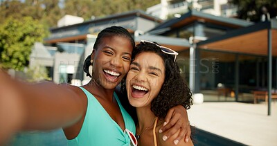 Buy stock photo Laugh, hug and selfie with friends at pool party for spring break, travel vacation and memory. Happiness, photography pov and holiday trip with women at villa for social media, funny or luxury