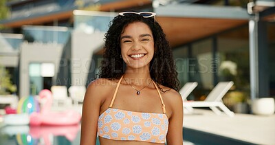 Buy stock photo Smile, villa and portrait of woman at pool for spring break, vacation or hotel. Happiness, relax and holiday trip with person at travel resort for hospitality, getaway and luxury accommodation