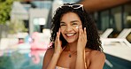 Sunscreen, pool and woman at party in summer with facial moisturizer for protection of uv rays. Happy, dermatology and female person with face cream for spf by swimming water at holiday house.
