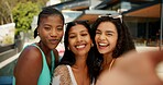 Friends, selfie and portrait of women by pool with sunglasses for social media, memory and online post. Happy, travel and people with smile for profile picture on holiday, weekend and vacation