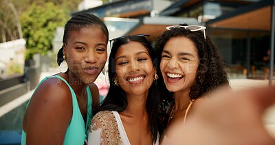 Buy stock photo Friends, selfie and portrait of women by pool with sunglasses for social media, memory and online post. Happy, travel and people with smile for profile picture on holiday, weekend and vacation
