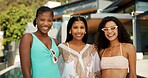 Friends, relax and portrait of women at pool for spring break party, travel vacation and bonding. Happiness, event and holiday trip with people at villa resort for hospitality, festival and luxury