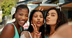 Peace sign, travel and selfie with friends at villa for spring break, vacation and memory. Happiness, photography and holiday trip with women at hotel resort for social media, pout or luxury