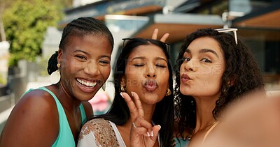 Buy stock photo Peace sign, travel and selfie with friends at villa for spring break, vacation and memory. Happiness, photography and holiday trip with women at hotel resort for social media, pout or luxury