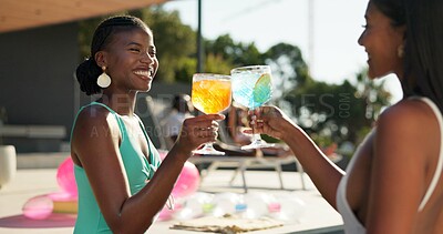 Buy stock photo Cocktail, toast and women at resort for summer holiday or vacation. Travel, alcohol and cheers with drink of friends for outdoor luxury, hotel hospitality and break to relax, celebrate or chill