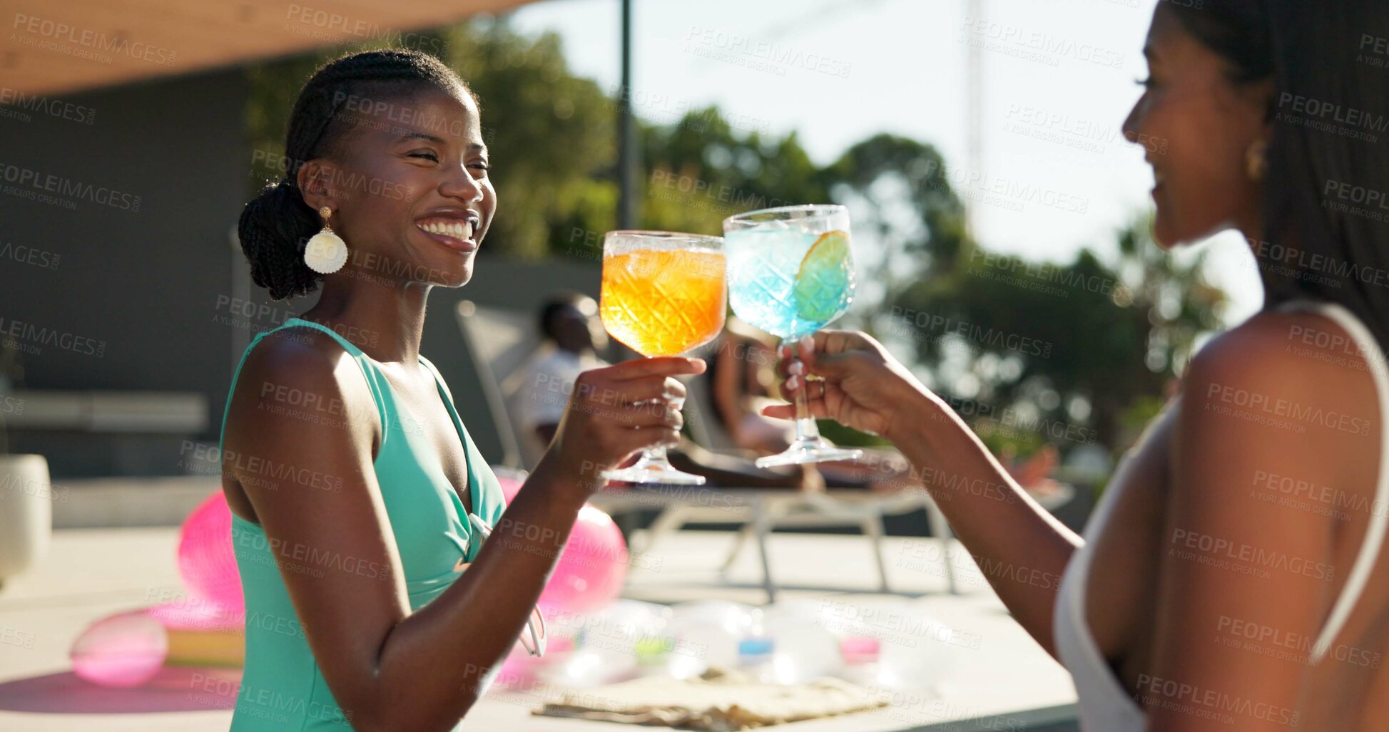 Buy stock photo Cocktail, toast and women at resort for summer holiday or vacation. Travel, alcohol and cheers with drink of friends for outdoor luxury, hotel hospitality and break to relax, celebrate or chill