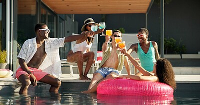 Buy stock photo Friends, cocktails and vacation toast in swimming pool with happy people, outdoor for celebration or party. Travel, accommodation and group with drinks for fun, bonding and holiday cheers in Florida