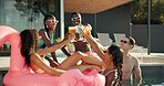 Friends, drinks and vacation toast in swimming pool with happy people, outdoor for celebration or party. Travel, accommodation and group with cocktails for fun, bonding and holiday cheers in Spain