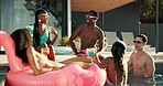 Friends, drinks and people in swimming pool at holiday resort, fun and bonding chat with social gathering. Men, women and talk with cocktails, travel accommodation and vacation together in Barcelona