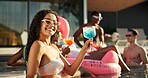 Cocktail, woman portrait and swimming pool for party with smile for summer holiday or vacation. Travel, resort and people drink by water for outdoor fun, hotel hospitality or together to relax