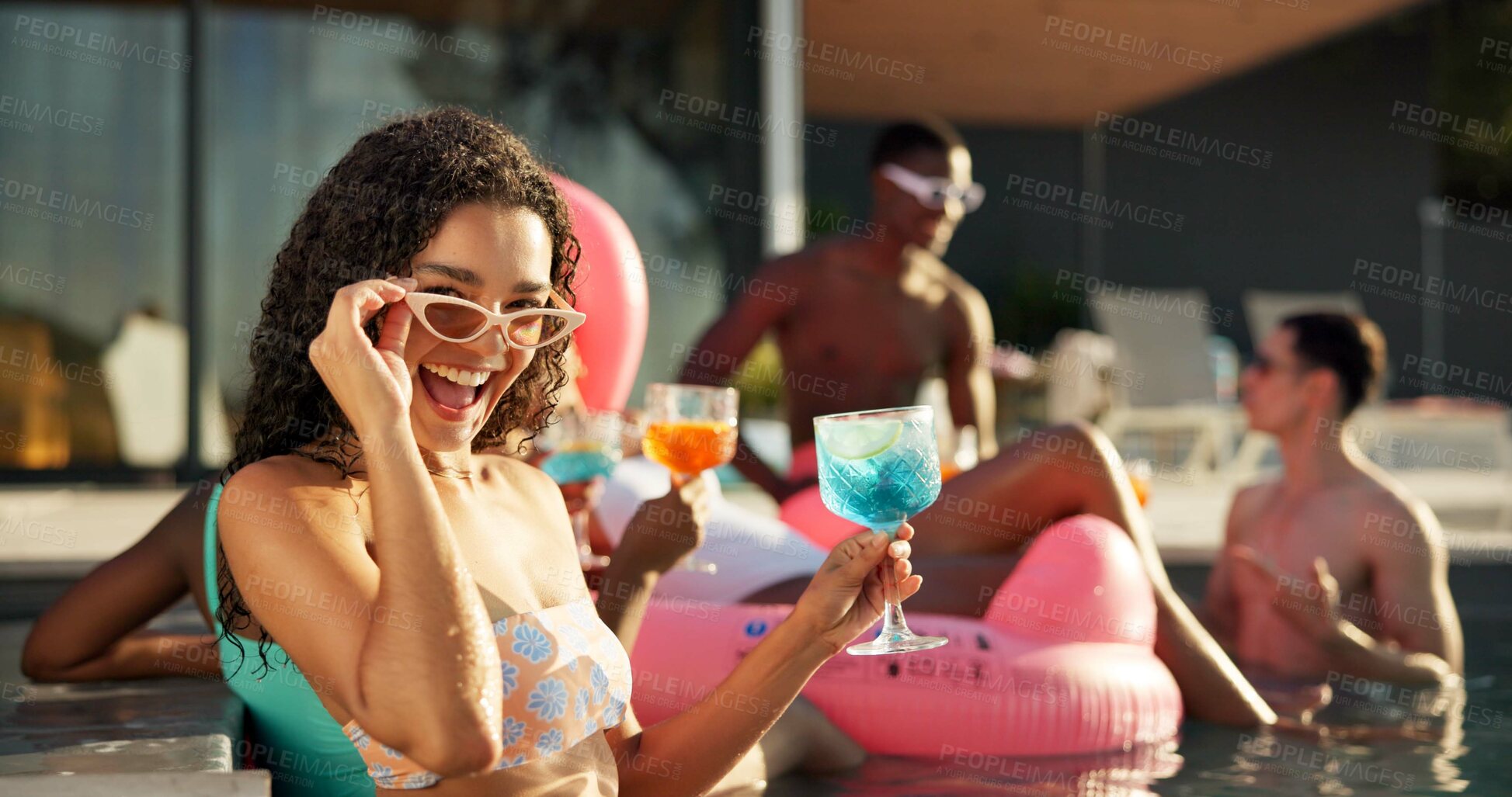Buy stock photo Cocktail, excited woman and portrait by swimming pool or party for summer holiday or vacation. Travel, resort and happy people drink by water for outdoor fun, hotel hospitality or together to relax