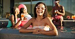 Happy, sunglasses and woman in pool at party at vacation house for break with friends. Smile, relax and female person swimming in water at luxury home on holiday at lodge, resort or hotel in summer. 