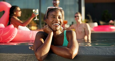 Buy stock photo Laugh, relax and party with woman in swimming pool  for spring break, travel vacation and smile. Happiness, celebration and holiday trip with people at villa for hospitality, festival and luxury