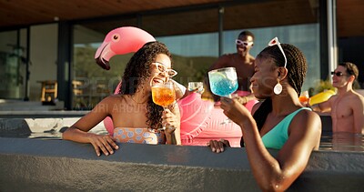 Buy stock photo Cocktail, friends and happy women by pool for summer holiday or vacation. Laugh, alcohol and talk with drink at party for outdoor luxury, hotel or resort on break to relax, celebrate or chill