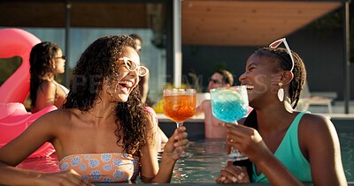 Buy stock photo Cocktail, friends and women cheers by pool for summer holiday or vacation. Laugh, alcohol and talk with drink at party for outdoor luxury, hotel or resort on break to relax, celebrate or chill