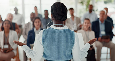 Buy stock photo Presentation, office and back of woman with business people for conference, training or meeting. Corporate speaker, discussion and workers in workshop, convention and seminar for financial planning