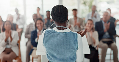 Buy stock photo Presentation, speaker and back of woman with business people in office for conference, training and meeting. Corporate manager, discussion and workers in workshop, convention and seminar for coaching
