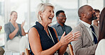 Conference, applause and business people with achievement, funny and feedback with support. Audience, laughing and group in workplace, clapping or success with thank you, humor or event with cheering