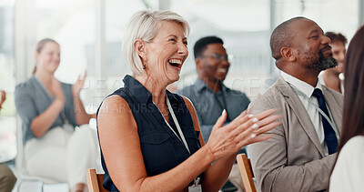 Buy stock photo Conference, applause and business people with achievement, smile and feedback with support. Audience, laughing or group in workplace, clapping or success with thank you, humor or event with cheering