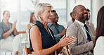 Conference, applause and business people with achievement, smile and feedback with support. Audience, laughing or group in workplace, clapping and success with thank you, funny or event with cheering