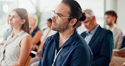 Buy stock photo Conference, audience and man listening to business seminar with employees or team in crowd. Event, feedback and group of people in meeting, presentation or training for corporate career at company