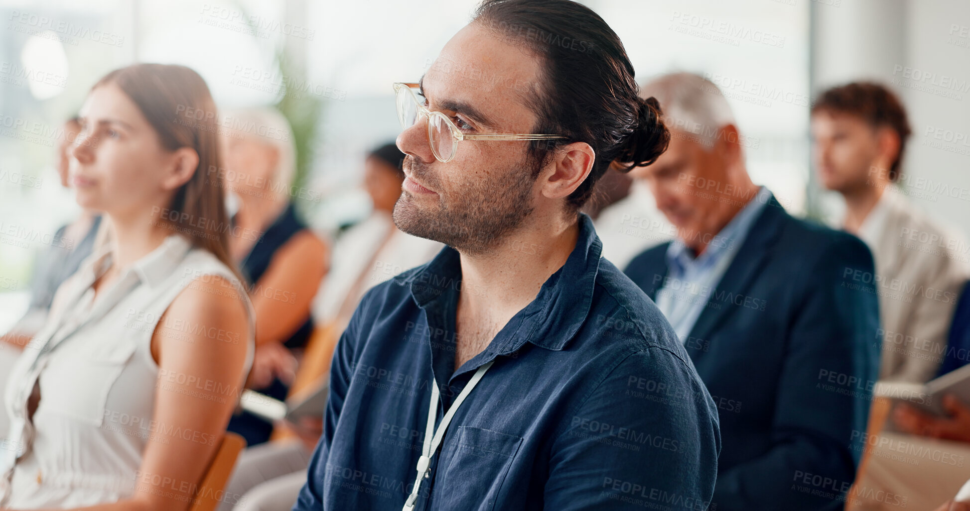 Buy stock photo Conference, audience and man listening to business seminar with employees or team in crowd. Event, feedback and group of people in meeting, presentation or training for corporate career at company