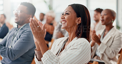 Buy stock photo Conference, applause and business people with woman, seminar and cheering with support. Audience, crowd and group in workplace, clapping and success with thank you, excited or event with surprise
